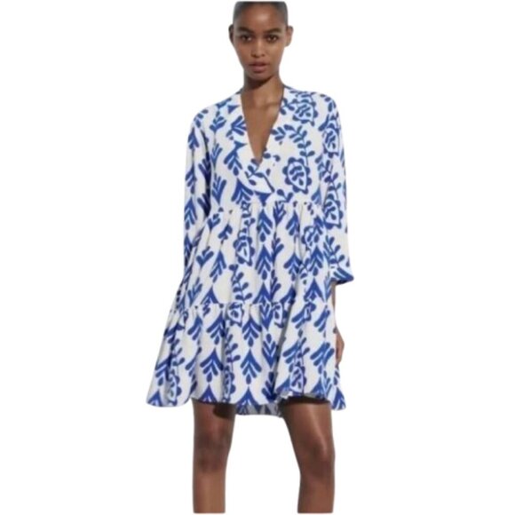 Women's Plus XXL Zara White & Blue Abstract Vine Printed Tiered Mini Dress - Picture 1 of 8